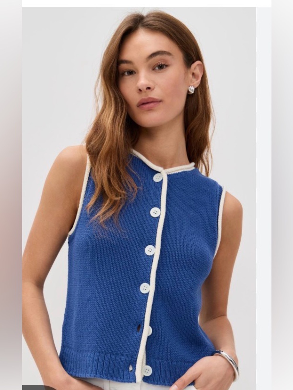 Alex Mill Blue Ivory Bridget Knit Button-Front Sleeveless Cardigan, Small